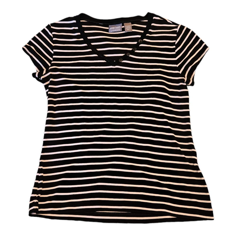Notations by Chico's Size 1 (Medium) Short Sleeve Black And White Striped Shirt